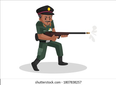 Ilustración gráfica vectorial. Un hombre del ejército está disparando con un rifle. Individualmente sobre un fondo blanco.