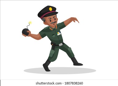 Vector graphic illustration. Army man is throwing a bomb. Individually on a white background.