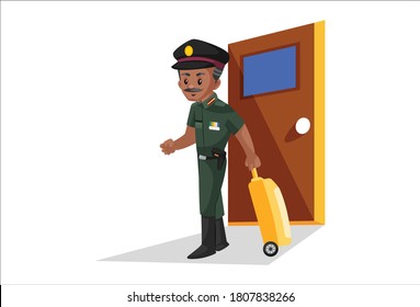 Vector graphic illustration. Army man is holding a trolley bag in hand and going back to his job from home. Individually on a white background.