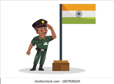 Vektorgrafik. Der Armeemann würdigt die indische Flagge. Individuell auf weißem Hintergrund.