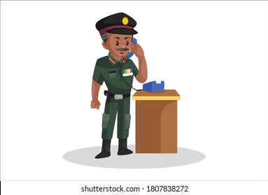 Vector graphic illustration. Army man is listening telephone. Individually on a white background.