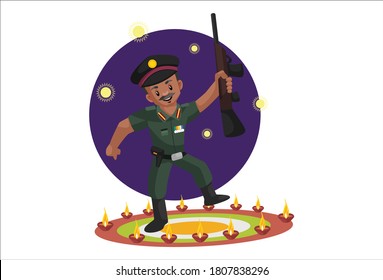 Vektorgrafik. Der Armeemann tanzt, hält ein Gewehr in der Hand und feiert das Diwali-Festival. Individuell auf weißem Hintergrund.