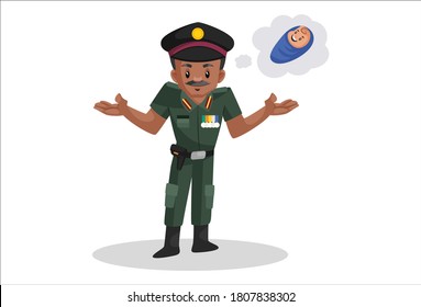 Vector graphic illustration. Army man is thinking about his newborn baby. Individually on a white background.