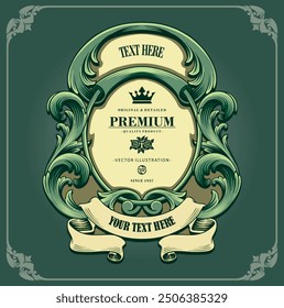 vector graphic illustration art baroque style ornament pattern green with curved ribbon brown vintage for product design, labels, stickers, merchandise, posters, and for your company or brand