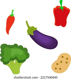 Vector graphic illustration of assorted healthy vegetables consisting of eggplant, chili, paprika, potato