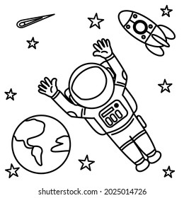 vector graphic illustration of astronaut in space,black and white vector illustration, suitable for coloring books