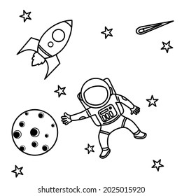 vector graphic illustration of astronaut in space,black and white vector illustration, suitable for coloring books