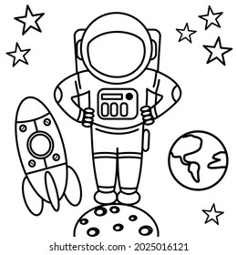 vector graphic illustration of astronaut in space,black and white vector illustration, suitable for coloring books