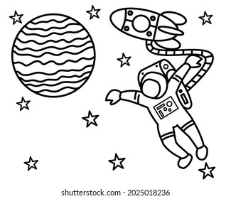 vector graphic illustration of astronaut in space,black and white vector illustration, suitable for coloring books
