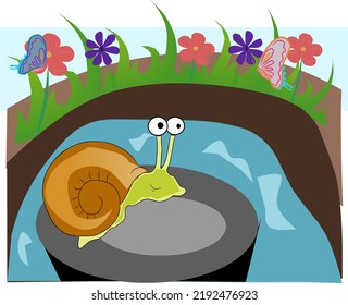 Vektorgrafik und Atmosphäre eines Teiches, der von verschiedenen Blumen und Tieren angebaut wird