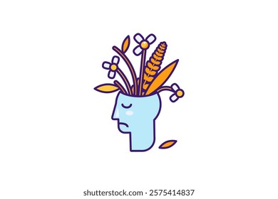 Vector graphic illustration of autumnal nosegay blooming out from head in stroked cartoon style. Depressed or sad state of mind. Nostalgia. Psychology and mood icon. Florist or flower shop. The icon i