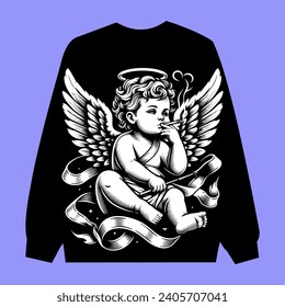 vector graphic illustration of baby angel smoked,black and white color, vector illustation