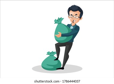 Ilustración gráfica vectorial. El banquero está recogiendo bolsas de dinero pesadas. Individualmente sobre fondo blanco.	