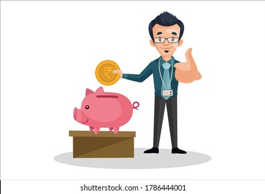 Vector graphic illustration. Banker is saving money in piggy bank and showing thumbs up sign. Individually on white background.	