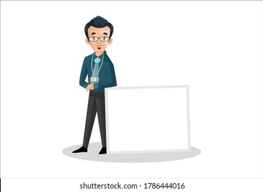 Vektorgrafik. Banker hält ein Whiteboard. Individuell auf weißem Hintergrund.	