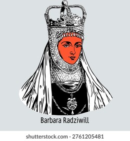 Vector graphic illustration of Barbara Radziwill, famous for her tragic beauty and royal marriage. Modern circular design featuring Renaissance aesthetics, ideal for historical and cultural projects