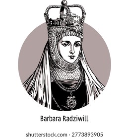 Vector graphic illustration of Barbara Radziwill, famous for her tragic beauty and royal marriage. Modern circular design featuring Renaissance aesthetics, ideal for historical and cultural projects
