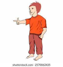 Vector graphic illustration of barefoot boy wearing casual red clothes with pointing hand gesture.