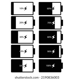 Vector graphic illustration of battery charge indicator icon. battery energy level 10%, 20%, 30%, 40%, 50%, 60%, 70%, 80%, 90%, 100%.