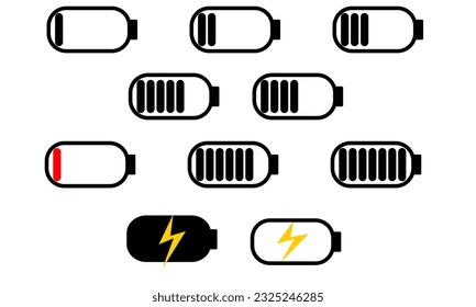 vector graphic illustration of battery charge. Battery charge indicator icons. Phone charge level. Discharged and fully charged battery. Battery charge from high to low. Replaceable vector design