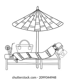 Vector graphic illustration: beach chairs with towel, bag, camera, cocktail under umbrella. 