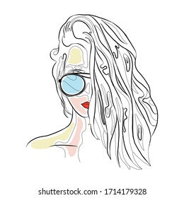 Dibujo vectorial de la bella cara linda de una joven atractiva chica artística con el pelo largo grueso, sol, labios rojos. Dibujo de líneas dibujadas a mano. Retrato de una linda mujer closeup. Silueta 