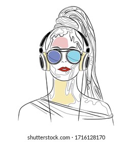 Vector graphic illustration of beautiful cute face of young sexy artistic girl with thick long hair, sunglasse, red lips, headphones. Hand drawn sketch line drawing. Portrait closeup woman. Silhouette