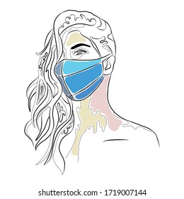 Vector graphic illustration of beautiful cute face of young artistic girl with thick long hair, mask. Hand drawn sketch line drawing. Portrait closeup woman. Silhouette artistic