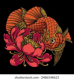 Ilustración gráfica de Vector de pez betta con adornos y flor de loto aislado sobre fondo oscuro adecuado para el diseño de la camiseta