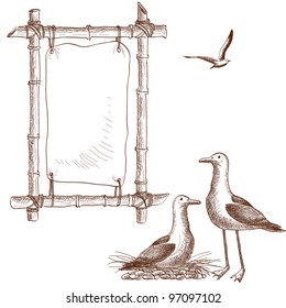 Vector graphic illustration of birds and a bamboo frame