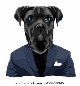 Vector graphic illustration of a black dog wearing a suit like a bodyguard