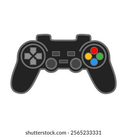 Vector graphic illustration of a black video game controller with colorful buttons on a white background, representing modern gaming and entertainment technology.