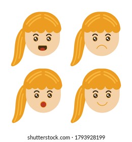 Vector graphic illustration of blonde ponytail girl with various expression. Startled, smile, happy, sad. Perfect for children illustration.
