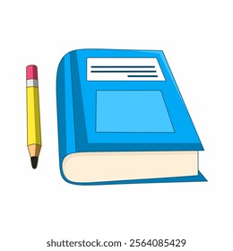Vector graphic illustration of blue book and yellow pencil, isolated on white background. Ideal for themes related to education, study, writing or literature.