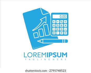 Vector graphic illustration of a blue calculator and notebook with a growing graph symbolizing business finance and accounting concepts in a modern design style with text Loremipsum.