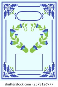 Vector graphic illustration of blue and green floral design decoration arranged in a heart shape with botanical pattern. Perfect for invitations, cards or elegant backgrounds and decorations.