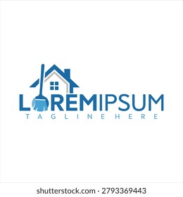 Vector graphic illustration of a blue house and broom logo with text Loremipsum and tagline on a clean white background for business or cleaning service branding