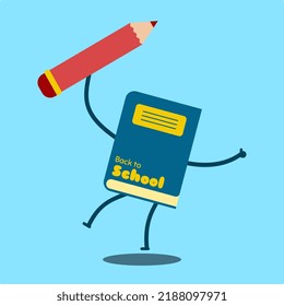 Ilustración gráfica vectorial de un personaje de caricatura de libro que sostiene un lápiz de estilo lindo. Describe feliz, emocionado, emocionado y entusiasta por poder volver a la escuela