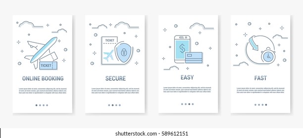 Vector graphic Illustration. Booking of ticket.Template for mobile app and web site. Flat,contour,thin, minimal and linear design.Interface for UX UI GUI screen.Concept for smart phone or web banners.