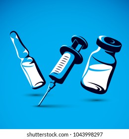 Vector graphic illustration of bottle, ampoule with medicine and medical syringe for injections. Antivirus vaccination concept.