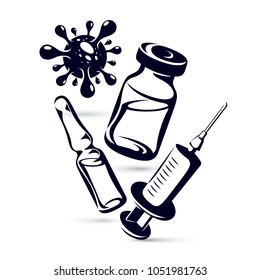 Vector graphic illustration of bottle, ampoule with medicine and medical syringe for injections. Antivirus vaccination concept.