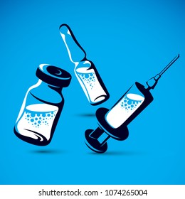Vector graphic illustration of bottle, ampoule with medicine and medical syringe for injections. Antivirus vaccination concept.