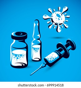 Vector graphic illustration of bottle, ampoule with medicine and medical syringe for injections. Antivirus vaccination concept.