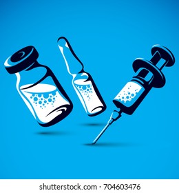 Vector graphic illustration of bottle, ampoule with medicine and medical syringe for injections. Antivirus vaccination concept.