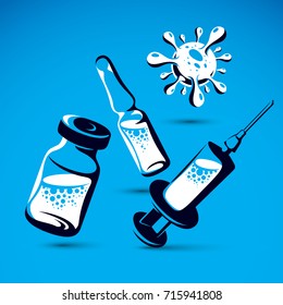 Vector graphic illustration of bottle, ampoule with medicine and medical syringe for injections. Antivirus vaccination concept.