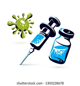 Vector graphic illustration of bottle with medicine and disposable syringe for injections to kill a virus. Scheduled vaccination theme 
