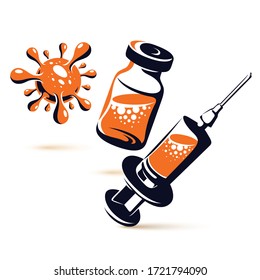 Vector graphic illustration of bottle with medicine and disposable syringe for injections to kill a virus. Scheduled vaccination theme 