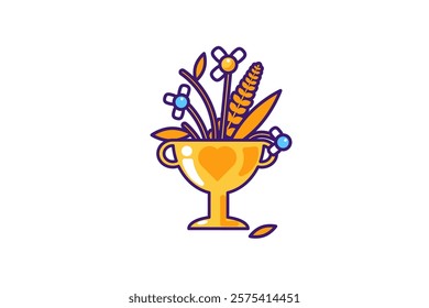 Vector graphic illustration of bouquet of autumnal flowers in a vibrant stroked cartoon style. The bouquet is housed within a golden goblet. Fleeting nature of beauty, sadness or nostalgia. Bright aut