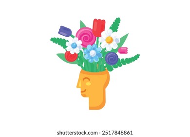 Vector graphic illustration of bouquet of flowers blooming out from head in solid cartoon style. Delightful mix of flowers and green leaves. Happy and joyful state of mind.Psychology and mood icon