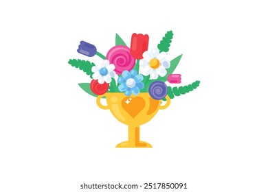 Vector graphic illustration of bouquet of flowers in a vibrant palette in solid cartoon style. The bouquet is housed within a golden cup. Delightful mix of flowers and green leaves